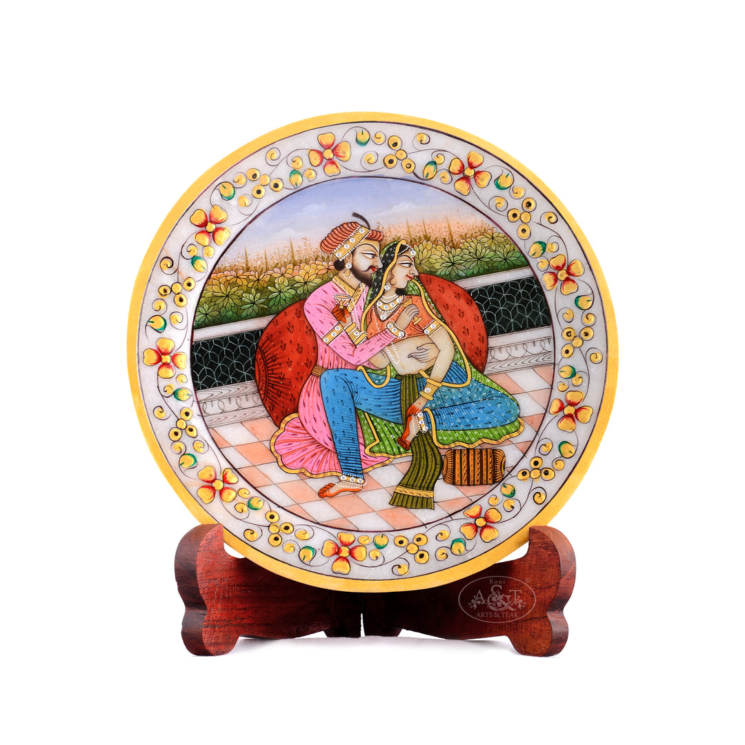 Marble  Painted Plate - Mughal Couple in Garden