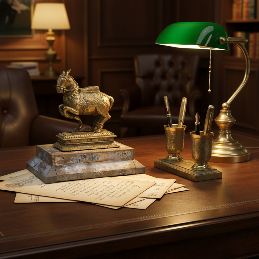 Vintage desk setup with decorative horse figure, lamp, and writing utensils in a dimly lit room.