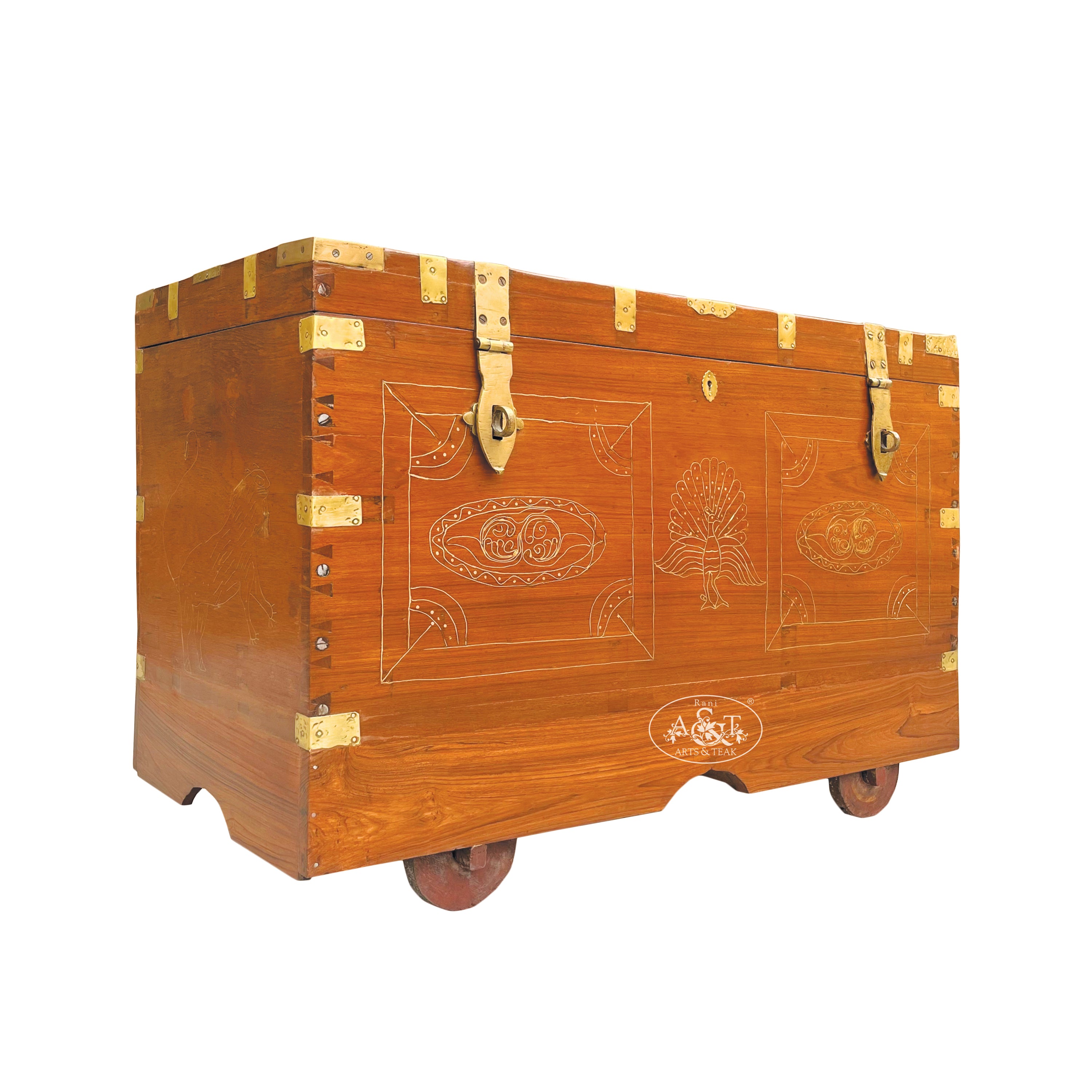 Teakwood vintage Mandalay Inlaid Dowry Chest - Rani Arts & Teak