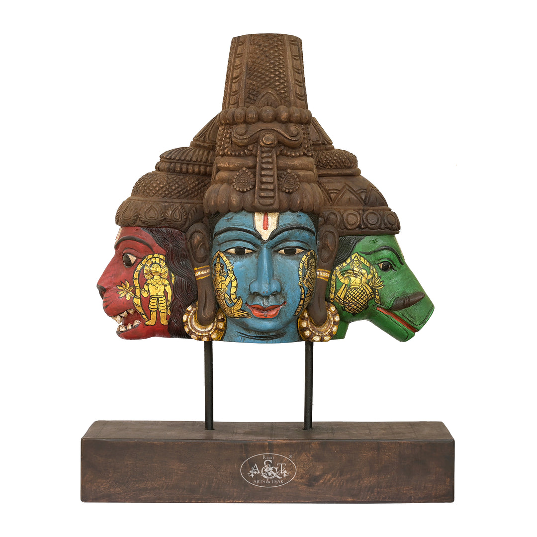 Decorative sculpture of  Vishnu Avatar with three Heads colourful on a stand 