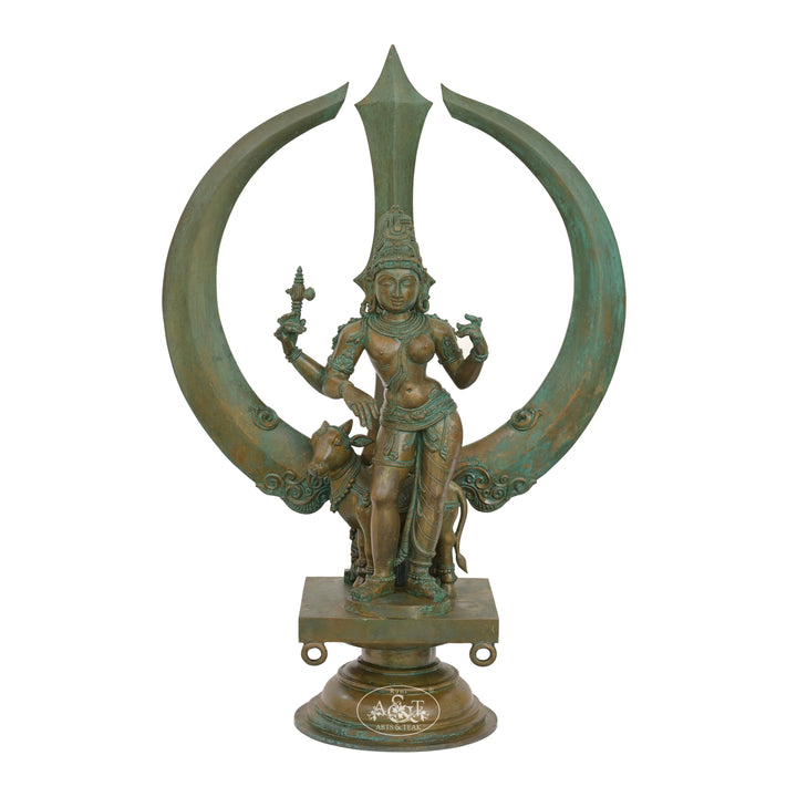 Bronze statue of a deity with crescent moon and sword on a white background
