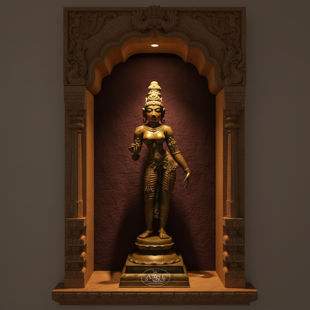 Bronze statue in a decorative archway with a dark background