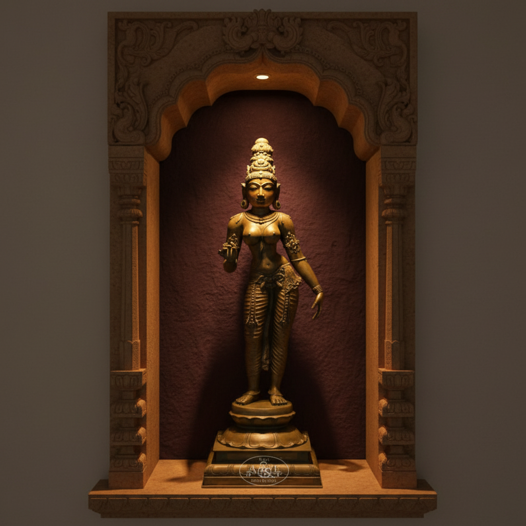 Bronze Sivakami statue in a decorative archway with a dark background