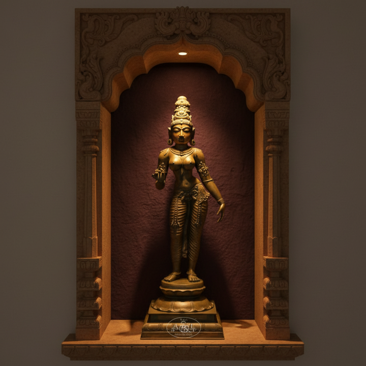 Bronze Sivakami statue in a decorative archway with a dark background