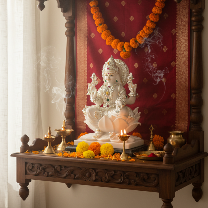 Decorative altar with a statue, flowers, and candles on a wooden platform.