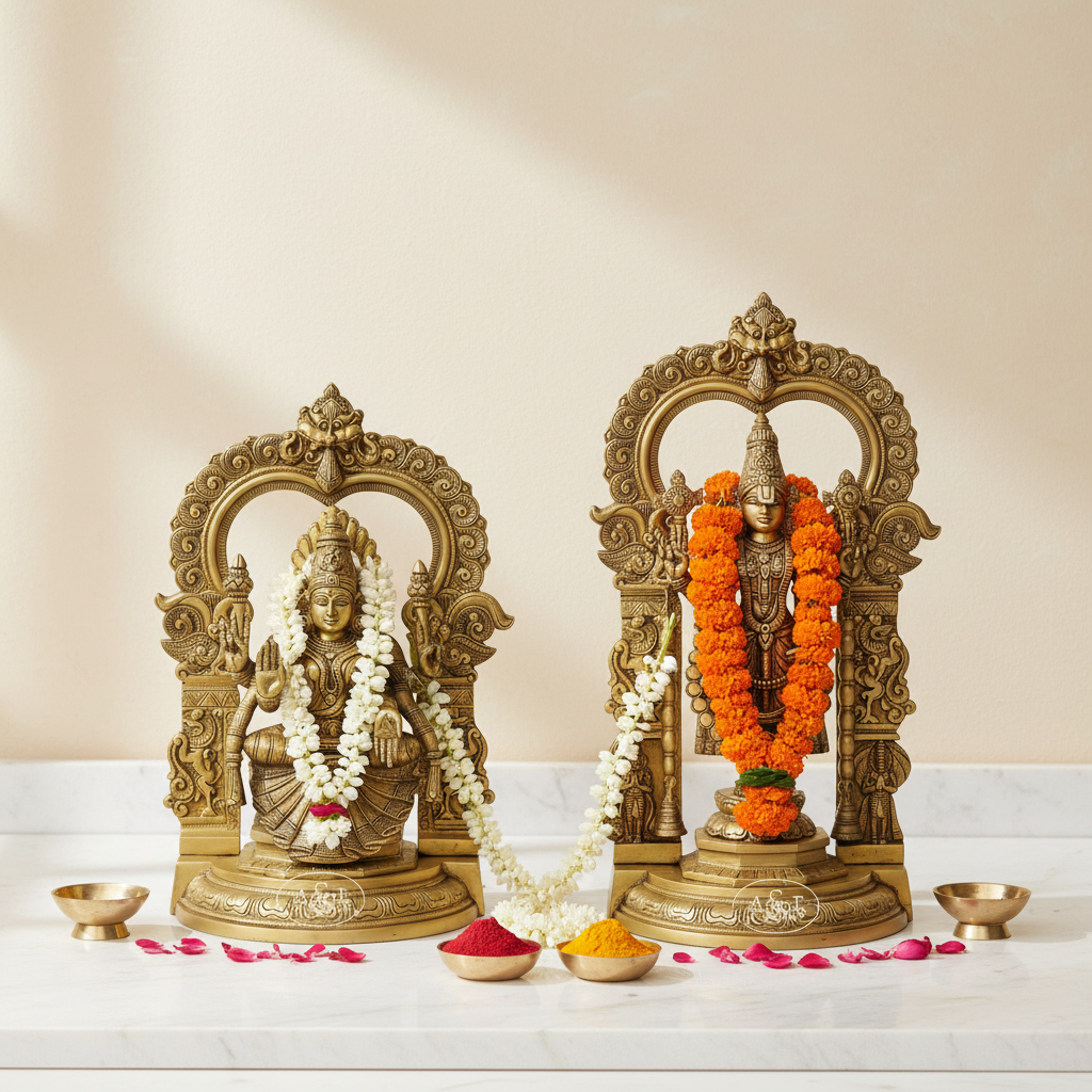 Decorative statues with garlands on a white surface with a beige background