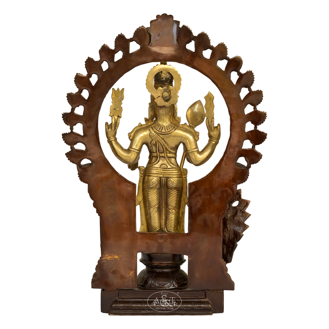 Gold statue of a deity in a wooden frame on a white background