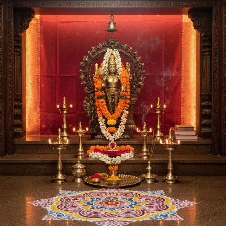 Decorative altar with a statue, candles, and a colorful rangoli design on the floor.