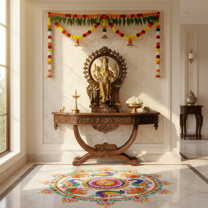 Decorative interior with a statue on an altar, colorful rangoli design on the floor, and floral garlands.