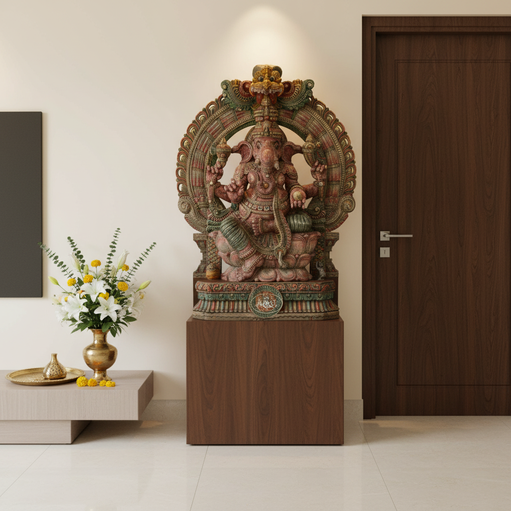 Decorative statue of a神灵 on a wooden pedestal in a room with a door and table.