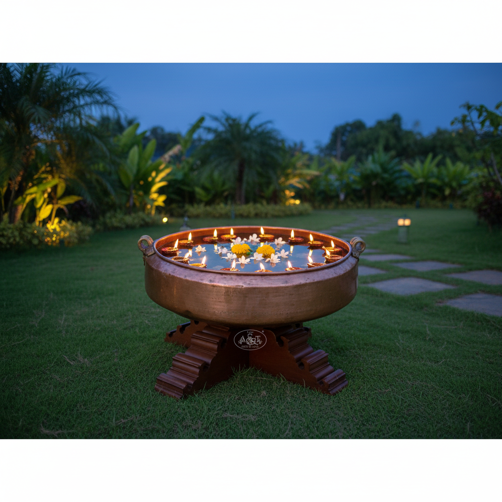 Copper fire pit with candles on a grassy lawn at night