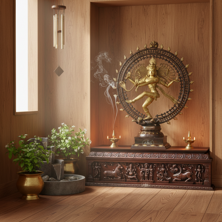 Decorative statue of a dancing figure on a wooden shelf with plants and candles in a warm, wooden interior.
