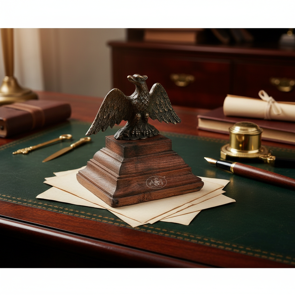 Decorative eagle statue on a wooden base with stationery items on a desk.