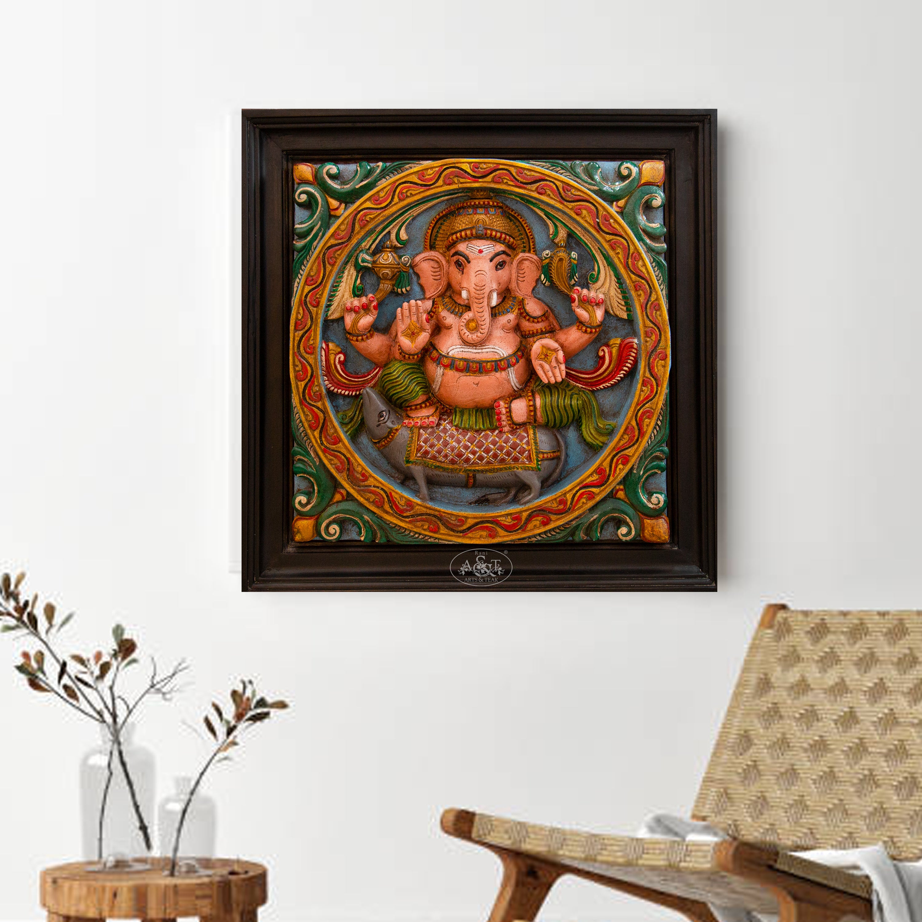 Wooden Painted Ganesh Wall Panel For Decor - Rani Arts & Teak