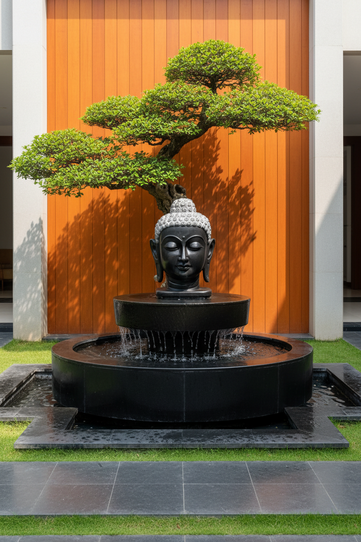 Bonsai tree above a Buddha head fountain with an orange wall in the background