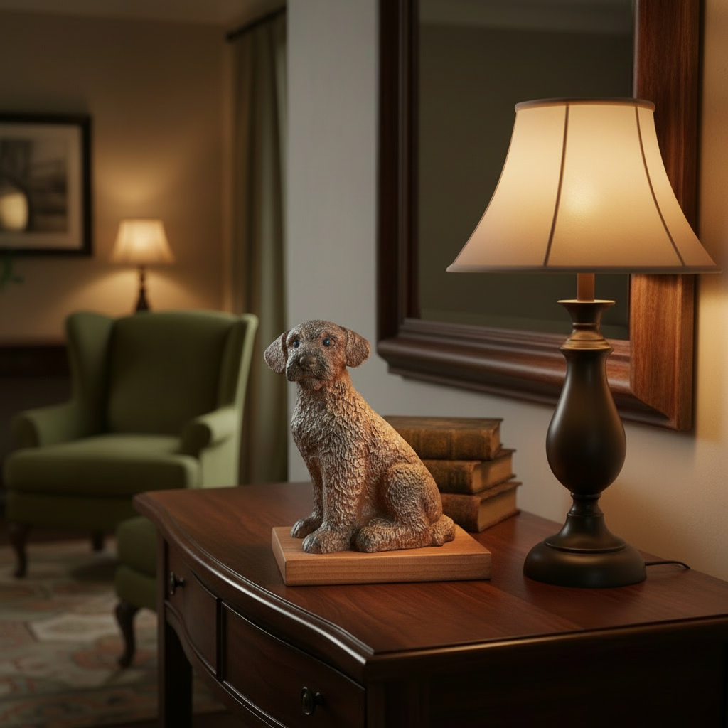 Dog statue on a wooden table with a lamp in a room setting