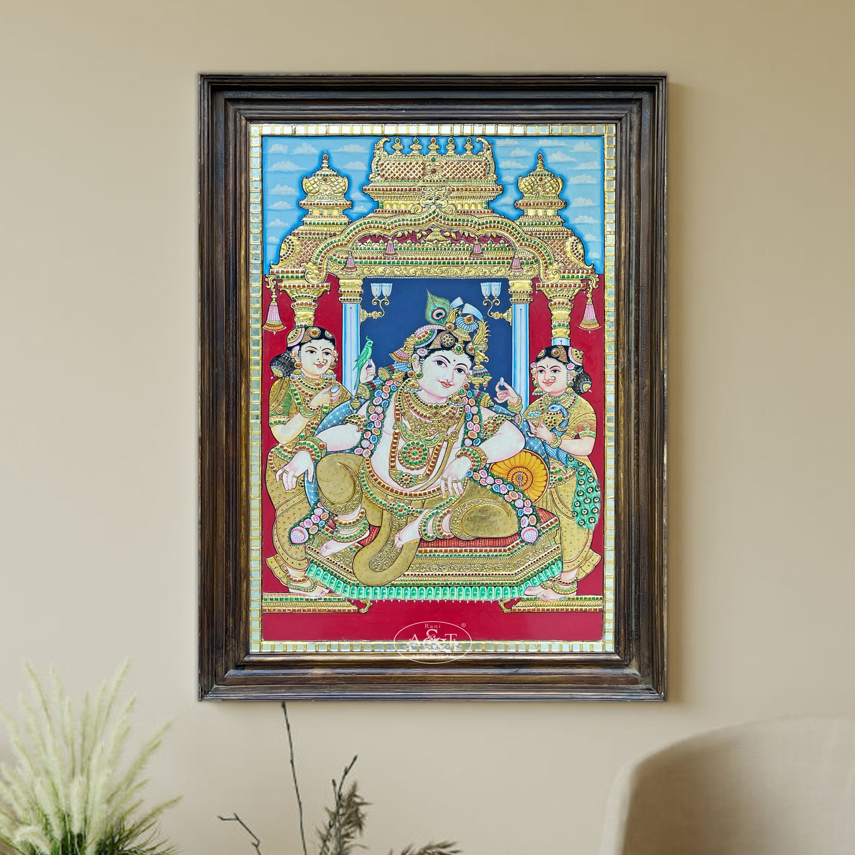 High quality Tanjore Painting of Darbar Krishna 13x11 inches | Teak Wood Frame | Express International Shipping