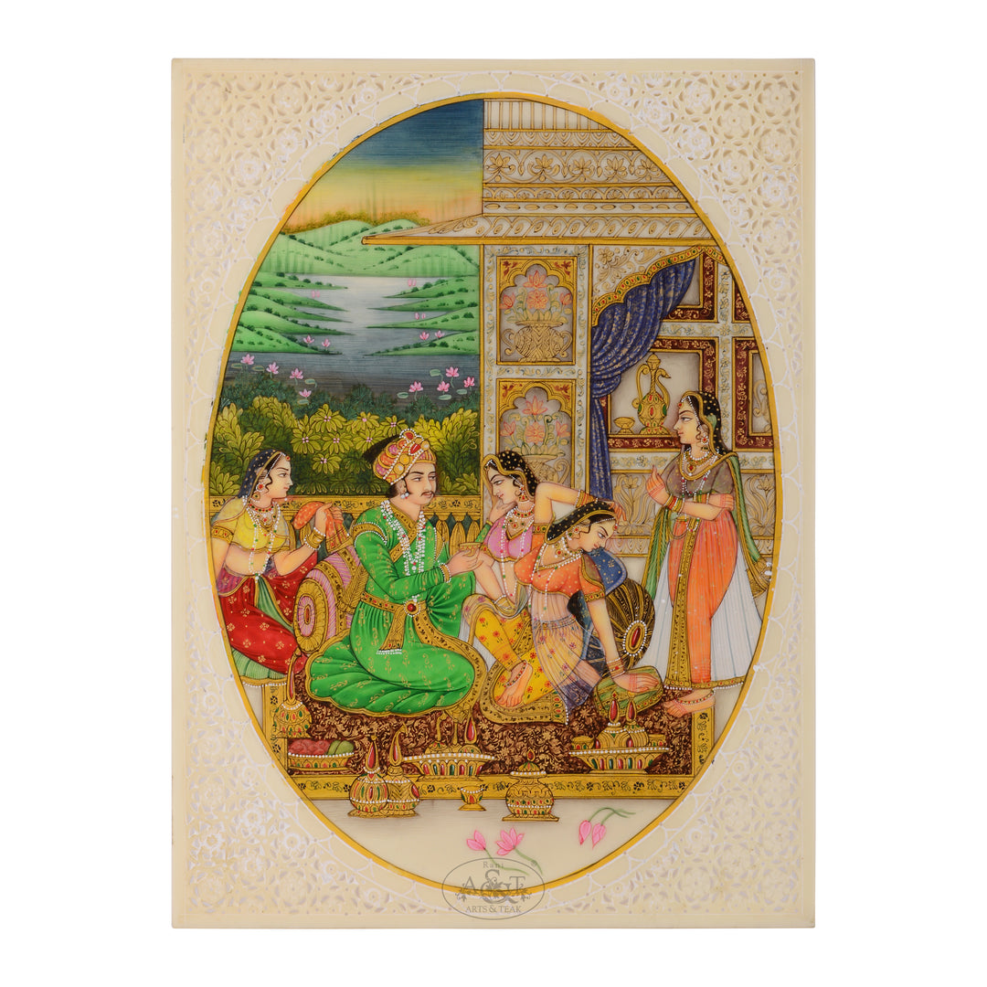 Miniature Painting on Synthetic Board - Mughal Emperor in Garden