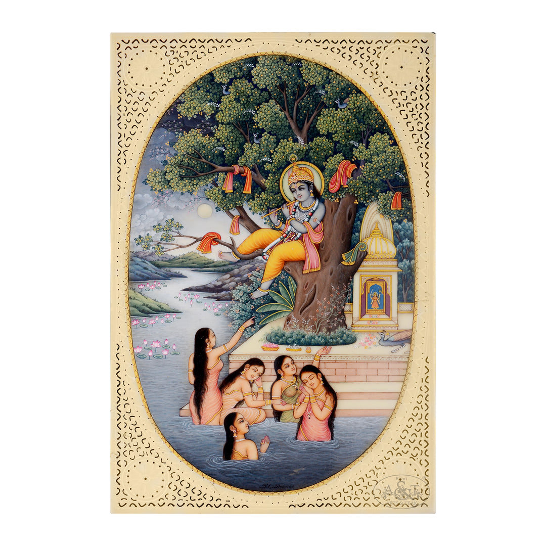 Miniature Painting on Synthetic Board - Krishna Leela