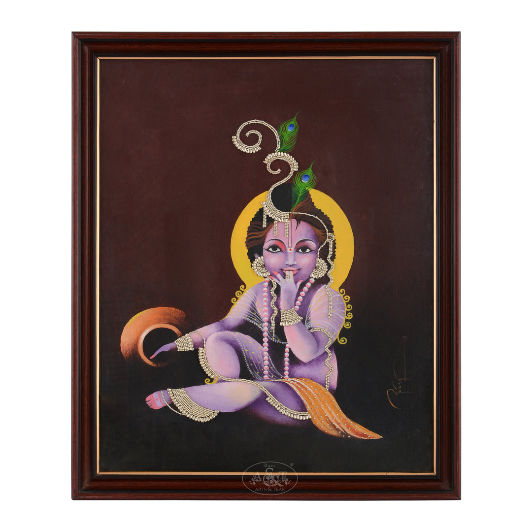 Oil Painting on Canvas with Beads Work Krishna