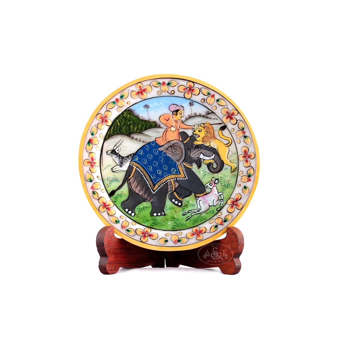Marble Painted Plate - Mughal Hunting