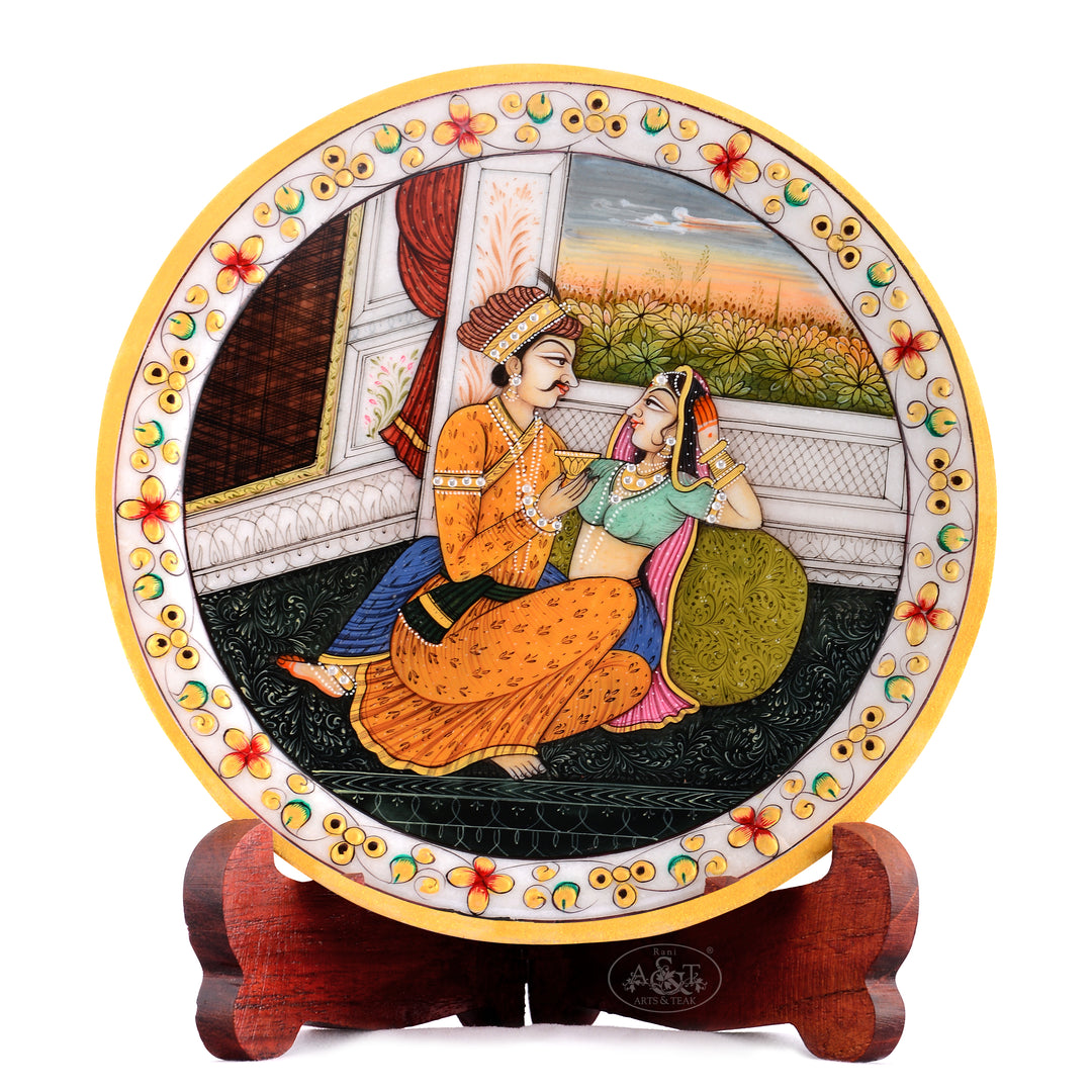Marble Painted Plate - Mughal King & Queen